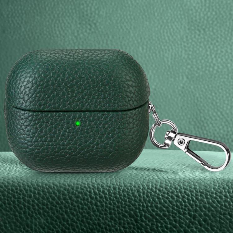 For Samsung Galaxy Buds 3 / 3 Pro Litchi Texture PU Earphones Case with Hook(Dark Green)