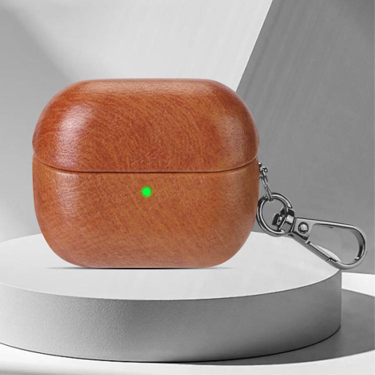 For Samsung Galaxy Buds 3 / 3 Pro Oily Skin Texture PU Earphones Case with Hook(Brown)
