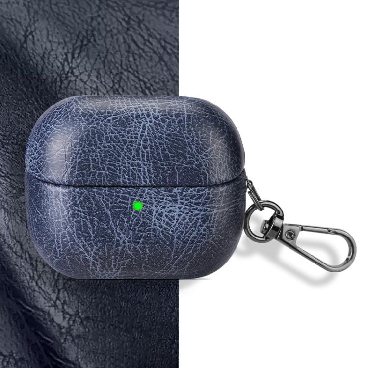 For Samsung Galaxy Buds 3 / 3 Pro Retro Crazy Horse Texture PU Earphones Case with Hook(Blue)