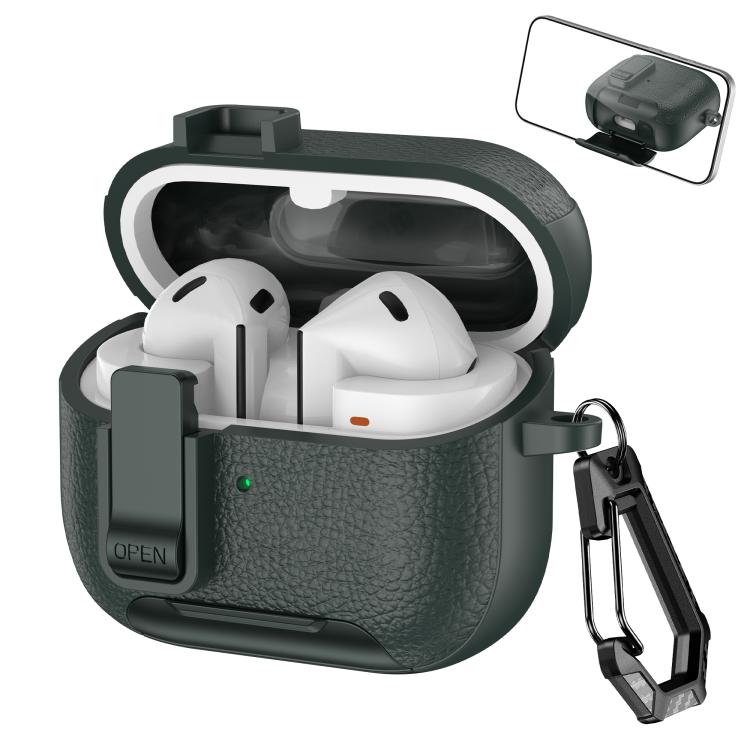 For Samsung Galaxy Buds3 / Buds3 Pro Leather Texture Wireless Earphones Case with Hook & Holder(Army Green)