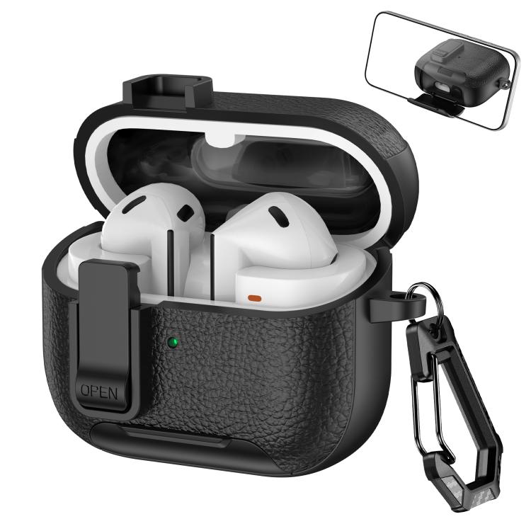For Samsung Galaxy Buds3 / Buds3 Pro Leather Texture Wireless Earphones Case with Hook & Holder(Black)