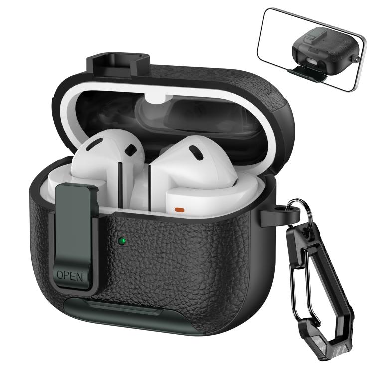 For Samsung Galaxy Buds3 / Buds3 Pro Leather Texture Wireless Earphones Case with Hook & Holder(Black Army Green)