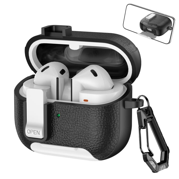 For Samsung Galaxy Buds3 / Buds3 Pro Leather Texture Wireless Earphones Case with Hook & Holder(Black White)