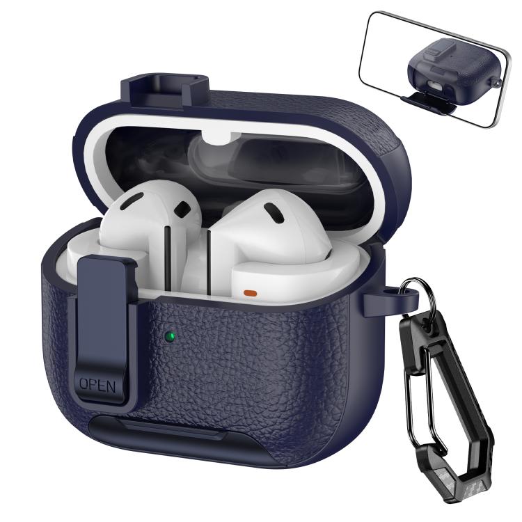 For Samsung Galaxy Buds3 / Buds3 Pro Leather Texture Wireless Earphones Case with Hook & Holder(Dark Blue)