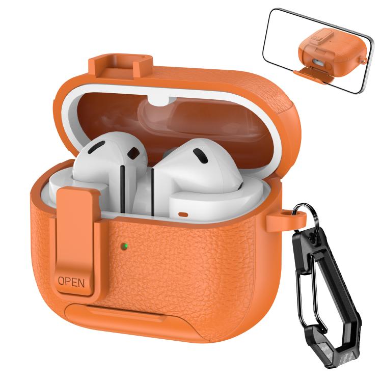 For Samsung Galaxy Buds3 / Buds3 Pro Leather Texture Wireless Earphones Case with Hook & Holder(Orange)