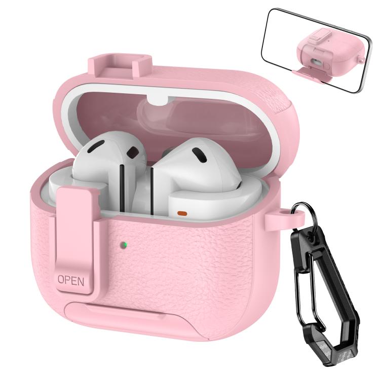 For Samsung Galaxy Buds3 / Buds3 Pro Leather Texture Wireless Earphones Case with Hook & Holder(Pink)