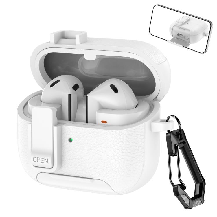 For Samsung Galaxy Buds3 / Buds3 Pro Leather Texture Wireless Earphones Case with Hook & Holder(White)