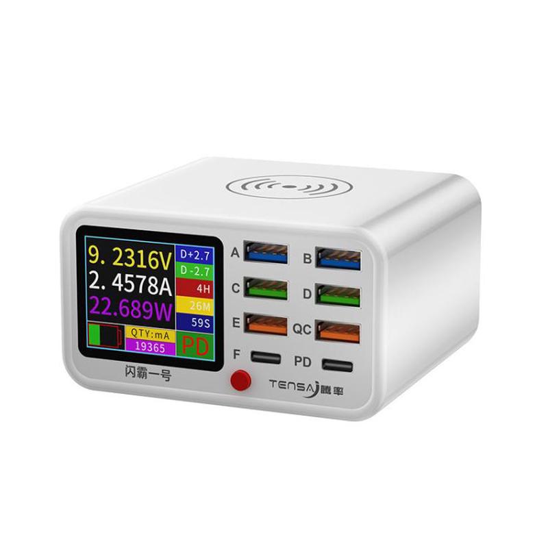 TENSAI 65W 8-Port USB Charging Station With 1.8-Inch LCD Display & 15W Wireless Charger EU Plug