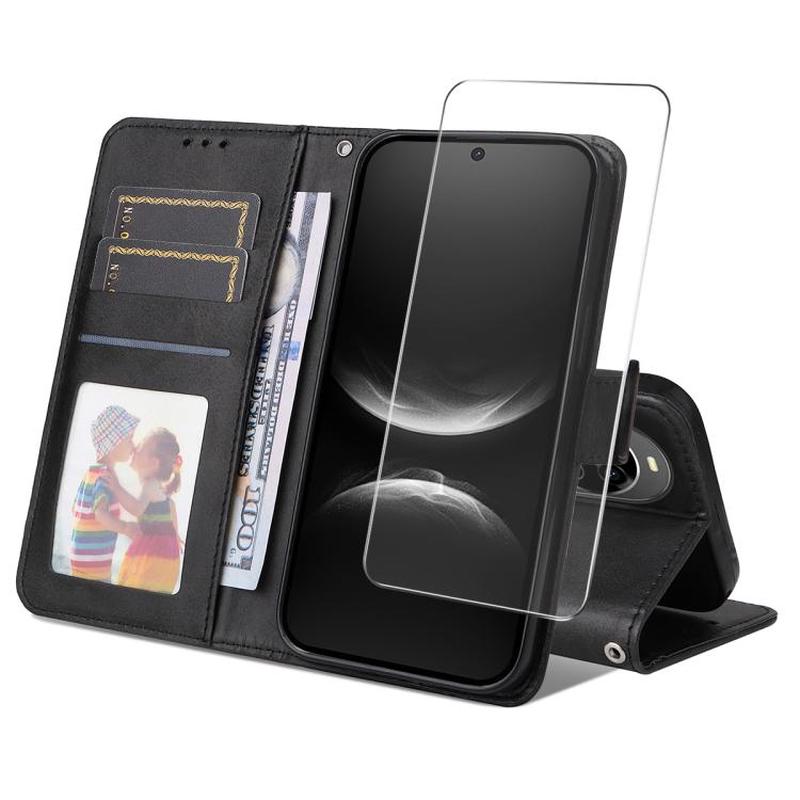 For Huawei nova 14 ENKAY Card Wallet Calf Texture Leather Phone Case with Screen Film(Black)