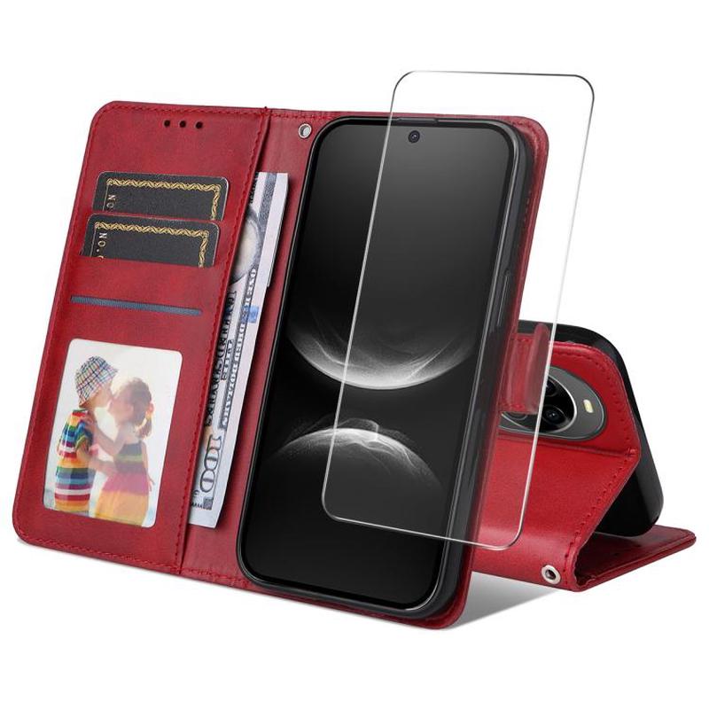 For Huawei nova 14 ENKAY Card Wallet Calf Texture Leather Phone Case with Screen Film(Red)