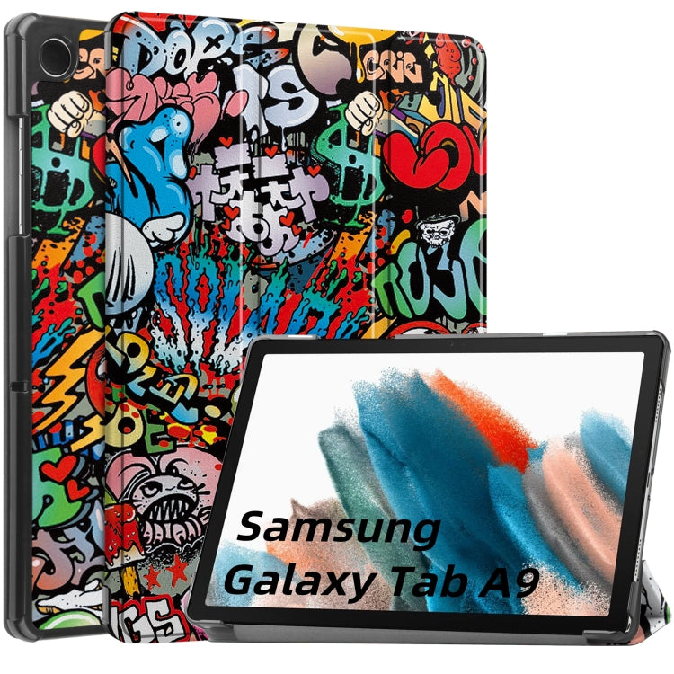 For Samsung Galaxy Tab A9 / Tab A11 Custer Painted 3-Fold Holder Smart Leather Tablet Case(Graffiti)