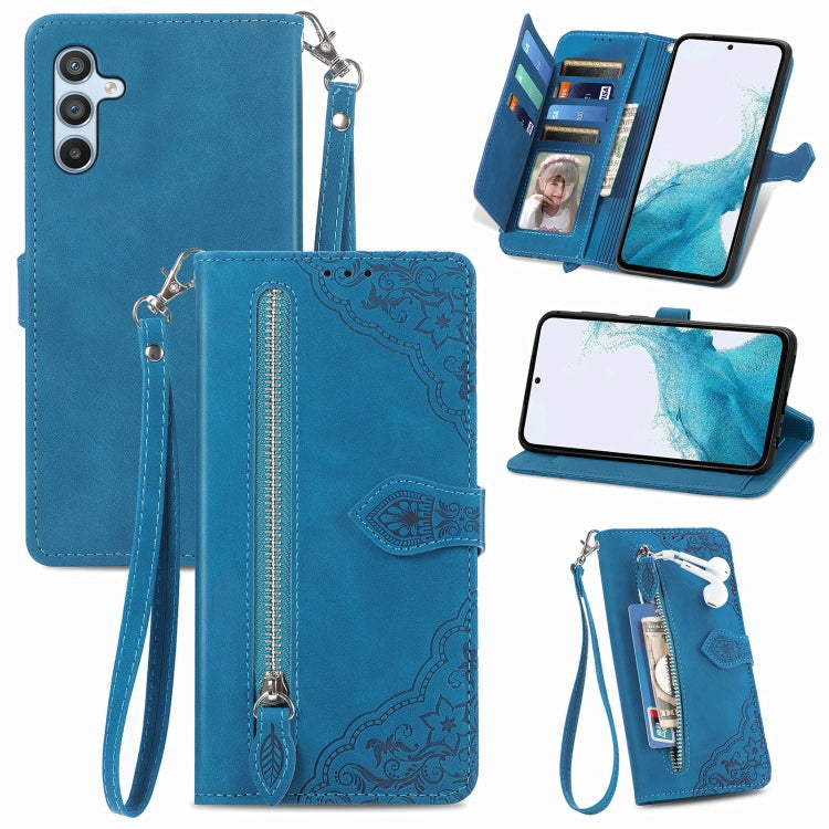 For Samsung Galaxy A36 5G Embossed Flower Zipper Leather Phone Case(Blue)