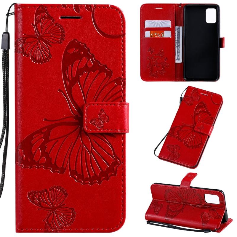 For Galaxy A51 Pressed Printing Butterfly Pattern Horizontal Flip PU Leather Case with Holder & Card Slots & Wallet & Lanyard(Red)