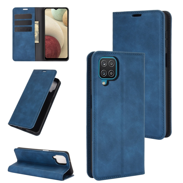 For Samsung Galaxy A12 Retro-skin Business Magnetic Suction Leather Case with Holder & Card Slots & Wallet(Dark Blue)