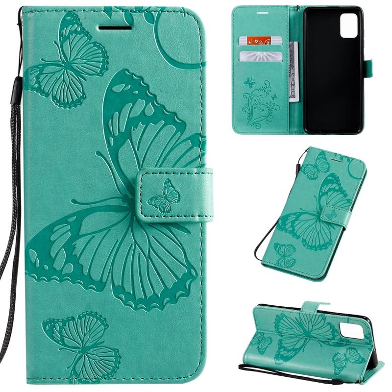 For Galaxy A51 Pressed Printing Butterfly Pattern Horizontal Flip PU Leather Case with Holder & Card Slots & Wallet & Lanyard(Green)