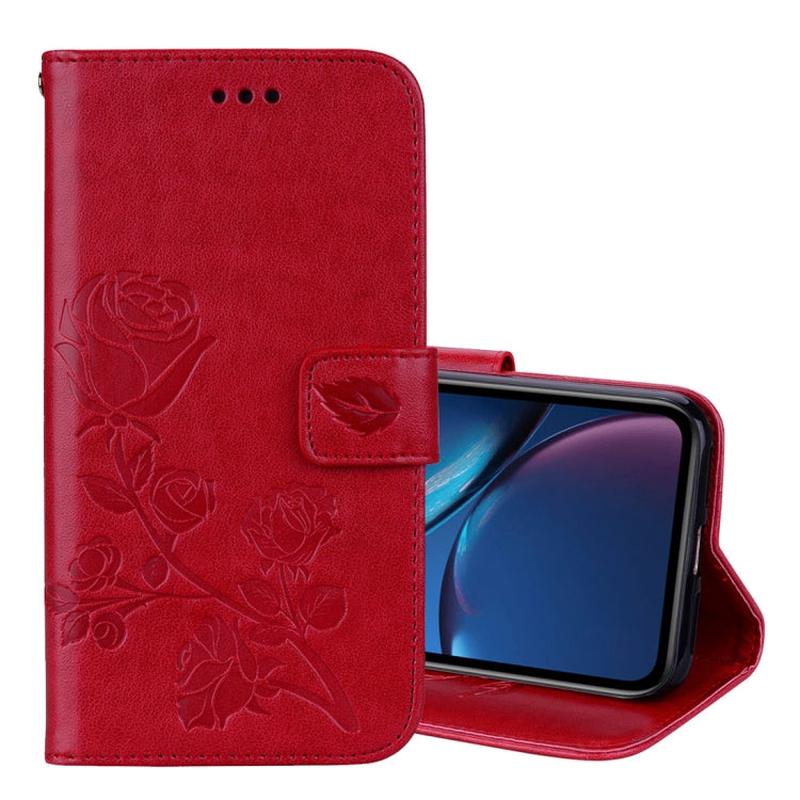 For iPhone XR Rose Embossed Horizontal Flip PU Leather Case, with Holder & Card Slots & Wallet (Red)