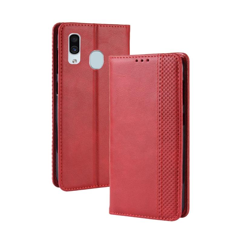 Magnetic Buckle Retro Crazy Horse Texture Horizontal Flip Leather Case for Galaxy A20e, with Holder & Card Slots & Photo Frame(Red)