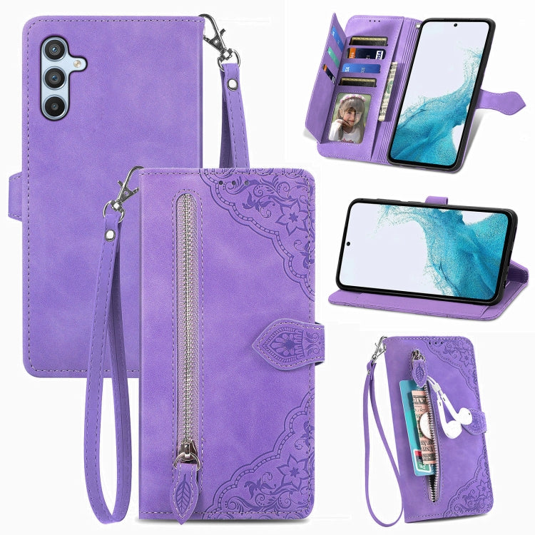 For Samsung Galaxy A36 5G Embossed Flower Zipper Leather Phone Case(Purple)