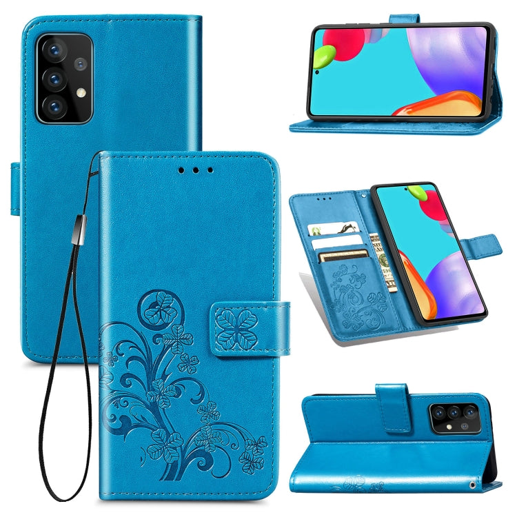 For Samsung Galaxy A52 5G / 4G Four-leaf Clasp Embossed Buckle Mobile Phone Protection Leather Case with Lanyard & Card Slot & Wallet & Bracket Function(Blue)