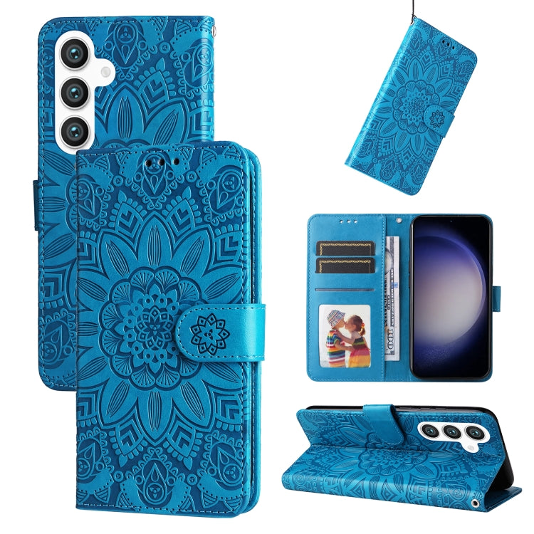 For Samsung Galaxy S24 Embossed Sunflower Leather Phone Case(Blue)