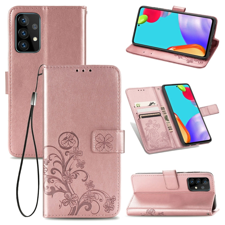 For Samsung Galaxy A52 5G / 4G Four-leaf Clasp Embossed Buckle Mobile Phone Protection Leather Case with Lanyard & Card Slot & Wallet & Bracket Function(Rose Gold)