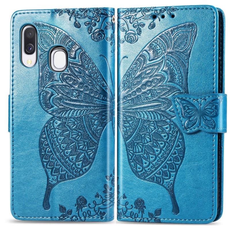 Butterfly Love Flowers Embossing Horizontal Flip Leather Case for Galaxy A40, with Holder & Card Slots & Wallet & Lanyard (Blue)