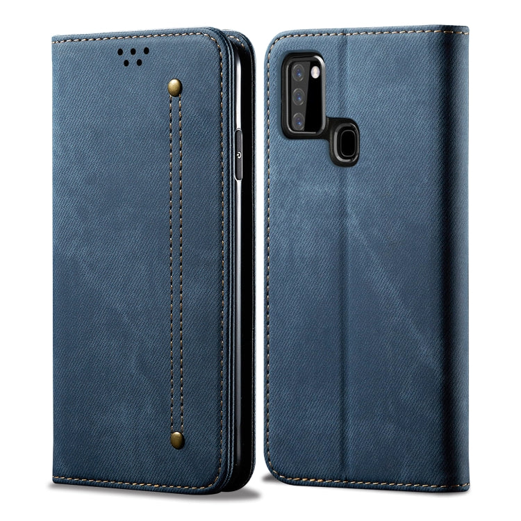 For Samsung Galaxy A21s Denim Texture Casual Style Horizontal Flip Leather Case with Holder & Card Slots & Wallet(Blue)
