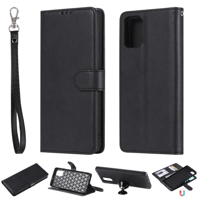 For Galaxy A71 2 in 1 Solid Color Detachable PU Leather Case with Card Slots & Magnetic Holder & Photo Frame & Wallet & Strap(Black)