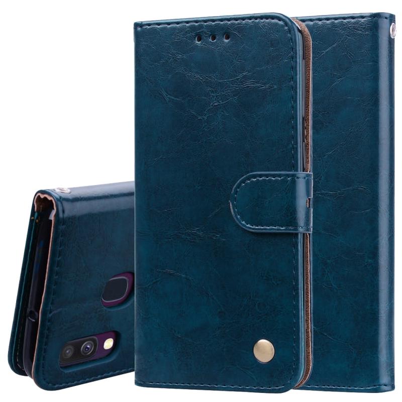 Business Style Oil Wax Texture Horizontal Flip Leather Case for Galaxy A40, with Holder & Card Slots & Wallet(Blue)