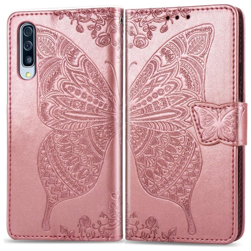 Butterfly Love Flowers Embossing Horizontal Flip Leather Case for Galaxy A50, with Holder & Card Slots & Wallet & Lanyard (Rose Gold)