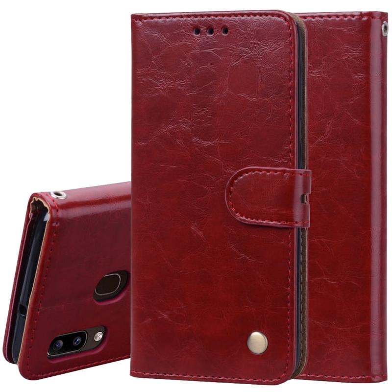 Business Style Oil Wax Texture Horizontal Flip Leather Case for Galaxy A20e, with Holder & Card Slots & Wallet (Red)