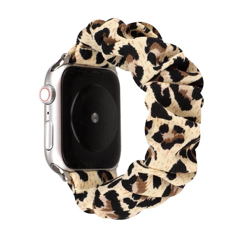 For Apple Watch Series 9&8&7 41mm / SE 3&SE 2&6&SE&5&4 40mm / 3&2&1 38mm Cloth + Stainless Steel Hair Ring Watch Band(Leopard Print)