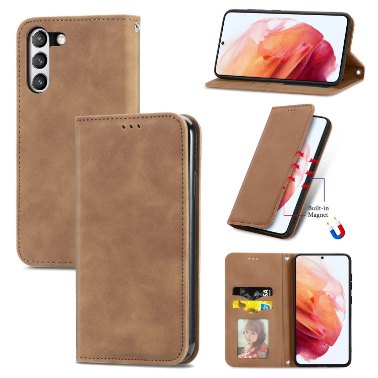 For Samsung Galaxy S21 FE Retro Skin Feel Business Magnetic Horizontal Flip Leather Case With Holder & Card Slots & Wallet & Photo Frame(Brown)