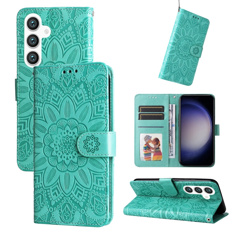 For Samsung Galaxy S24 Embossed Sunflower Leather Phone Case(Green)