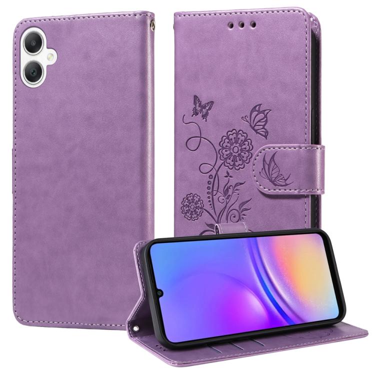 For Samsung Galaxy A06 4G / 5G Embossed Butterfly Flowers Leather Phone Case(Purple)