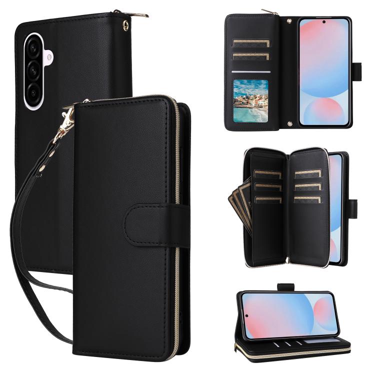 For Samsung Galaxy A56 Nine-card Slots Zipper Wallet Bag Leather Phone Case(Black)