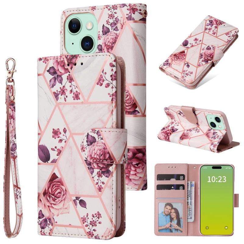 For iPhone 15 Marble Bronzing Stitching Leather Phone Case(Rose Gold)