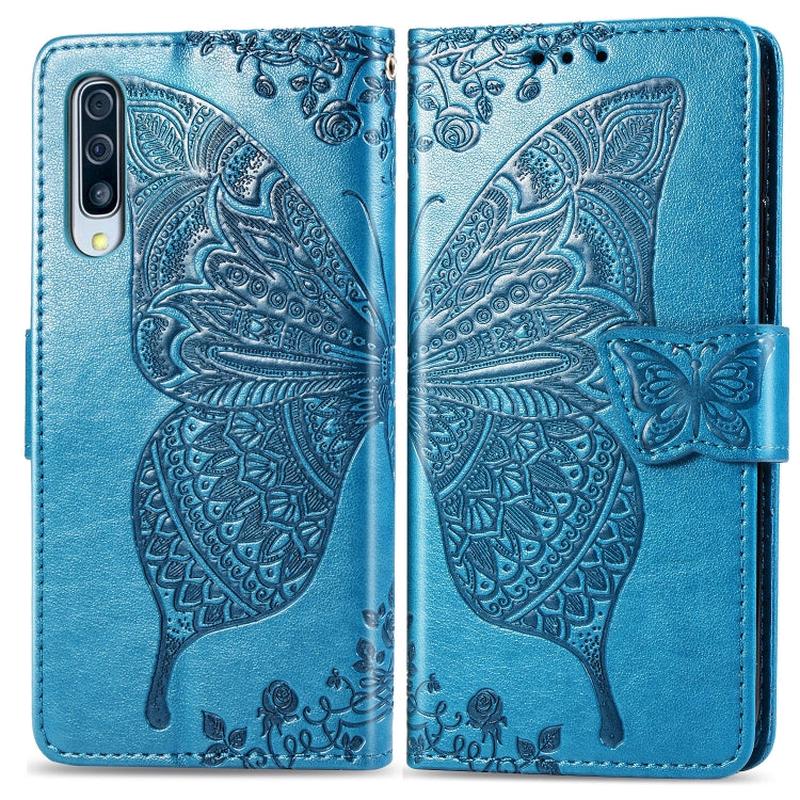 Butterfly Love Flowers Embossing Horizontal Flip Leather Case for Galaxy A70, with Holder & Card Slots & Wallet & Lanyard (Blue)