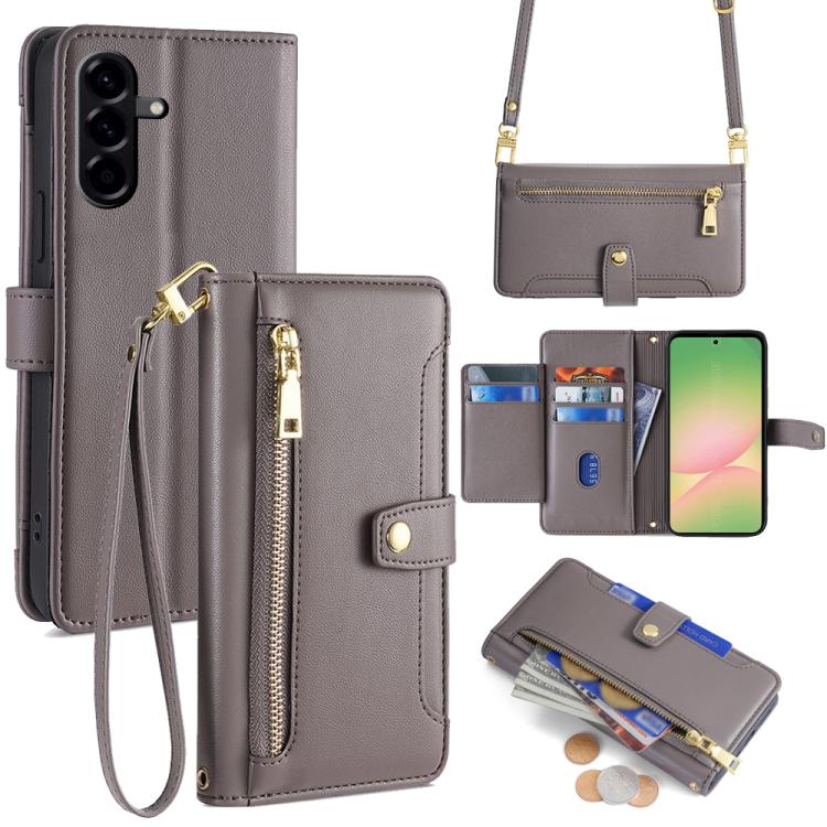 For Samsung Galaxy A56 5G Sheep Texture Cross-body Zipper Wallet Leather Phone Case(Grey)