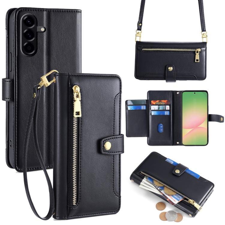 For Samsung Galaxy A56 5G Sheep Texture Cross-body Zipper Wallet Leather Phone Case(Black)