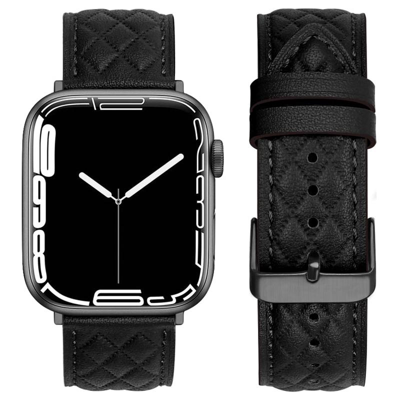 Rhombus Pattern Genuine Leather Watch Band For Apple Watch Series 8&7 45mm / SE 2&6&SE&5&4 44mm / 3&2&1 42mm(Black)