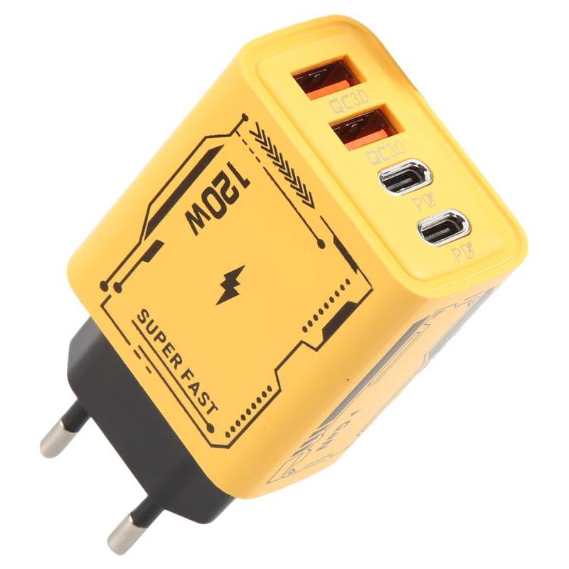 AR-PD14 GaN 120W Charge Adapter 4 Port 2 PD 2 QC 3.0 USB and USB-C / Type-C Fast Charger, Plug Type:EU Plug(Yellow)