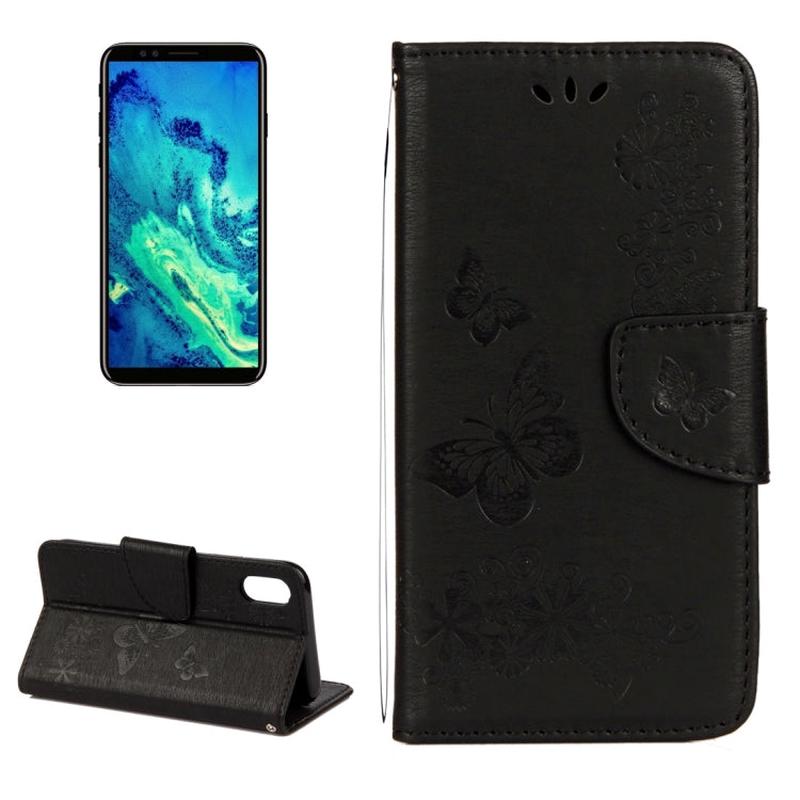 For iPhone X / XS Pressed Flowers Butterfly Pattern Horizontal Flip Leather Case with Holder & Card Slots & Wallet & Lanyard(Black)