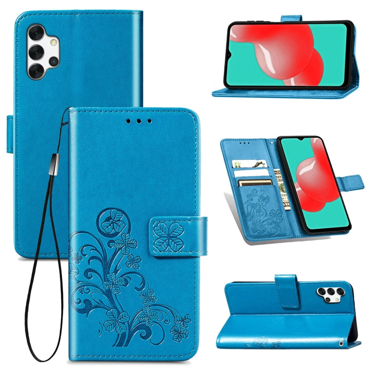 For Samsung Galaxy A32 4G Four-leaf Clasp Embossed Buckle Mobile Phone Protection Leather Case with Lanyard & Card Slot & Wallet & Bracket Function(Blue)