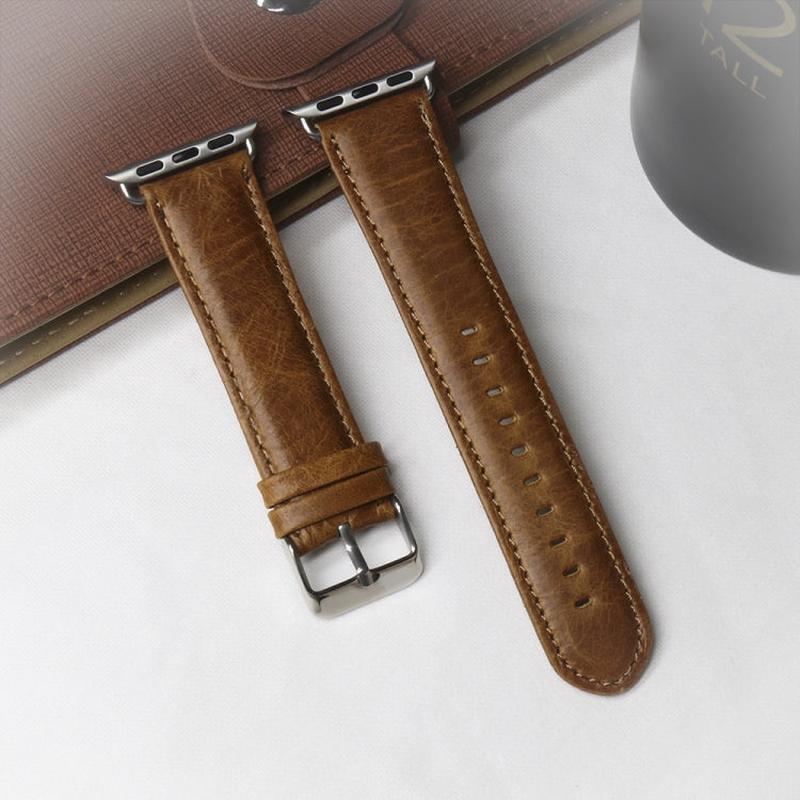For Apple Watch Series 7 41mm / 6 & SE & 5 & 4 40mm / 3 & 2 & 1 38mm Round Tail Retro Crazy Horse Texture Genuine Leather Watch Band(Light Brown)