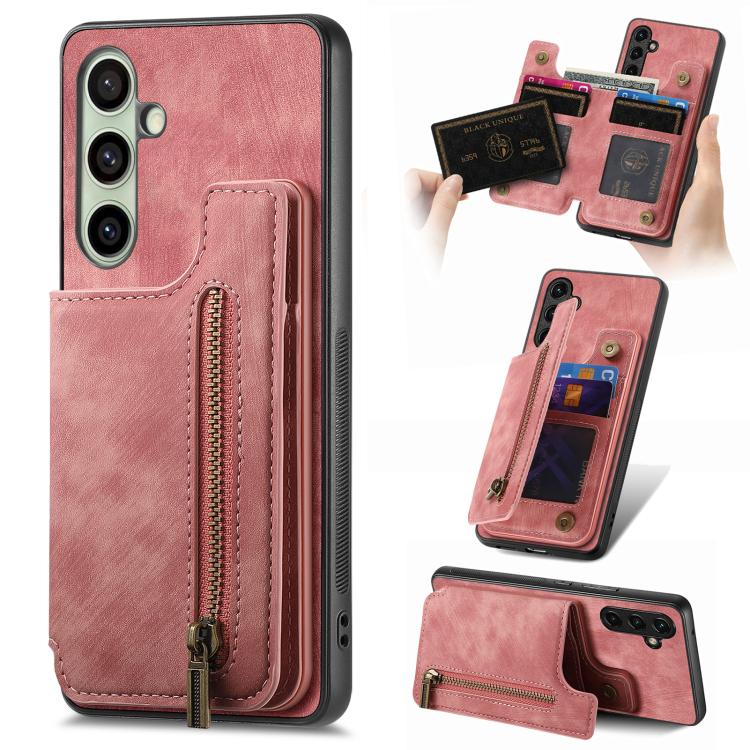 For Samsung Galaxy A56 5G Retro Leather Zipper Wallet Back Phone Case(Pink)