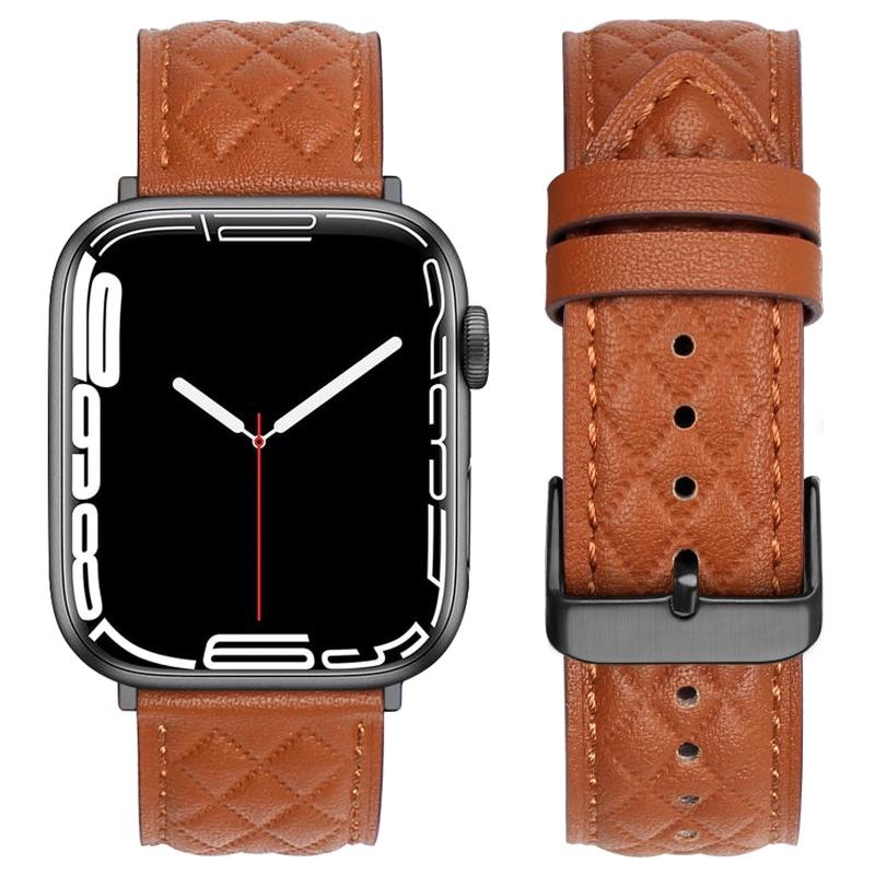 Rhombus Pattern Genuine Leather Watch Band For Apple Watch Series 8&7 45mm / SE 2&6&SE&5&4 44mm / 3&2&1 42mm(Brown)