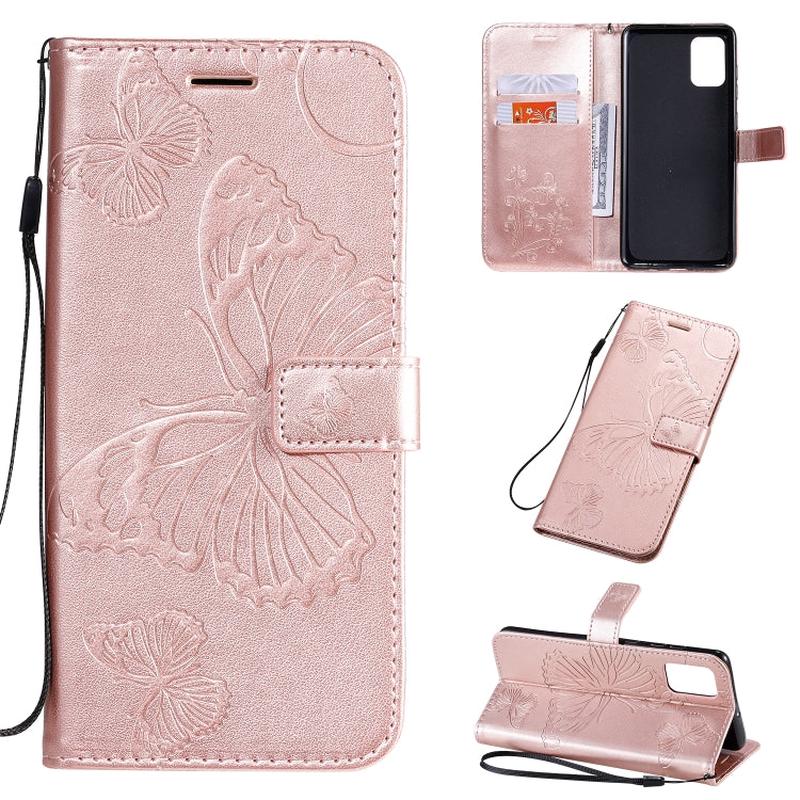 For Galaxy A71 Pressed Printing Butterfly Pattern Horizontal Flip PU Leather Case with Holder & Card Slots & Wallet & Lanyard(Rose Gold)