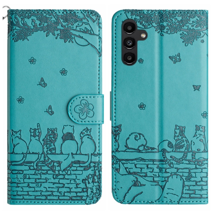 For Samsung Galaxy A15 5G Cat Embossing Pattern Leather Phone Case with Lanyard(Blue)