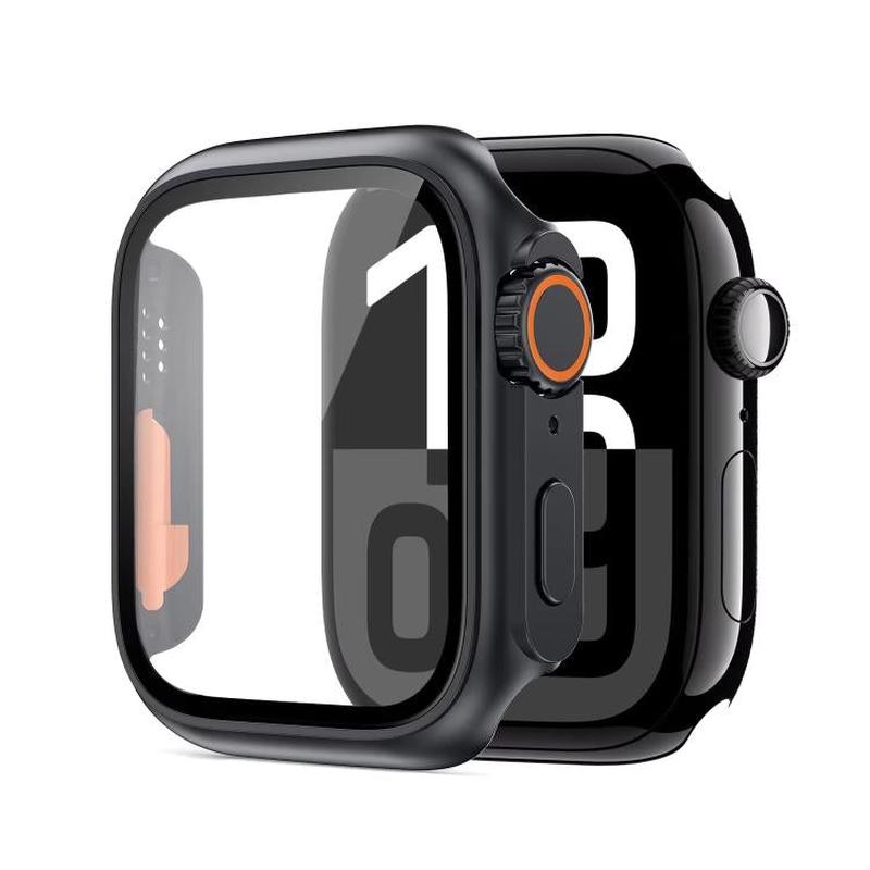 For Apple Watch Series 6 / 5 / 4 / SE 44mm xDfind Change to Ultra 49mm Tempered Glass Film Integrated PC Watch Cover(Black+Orange)